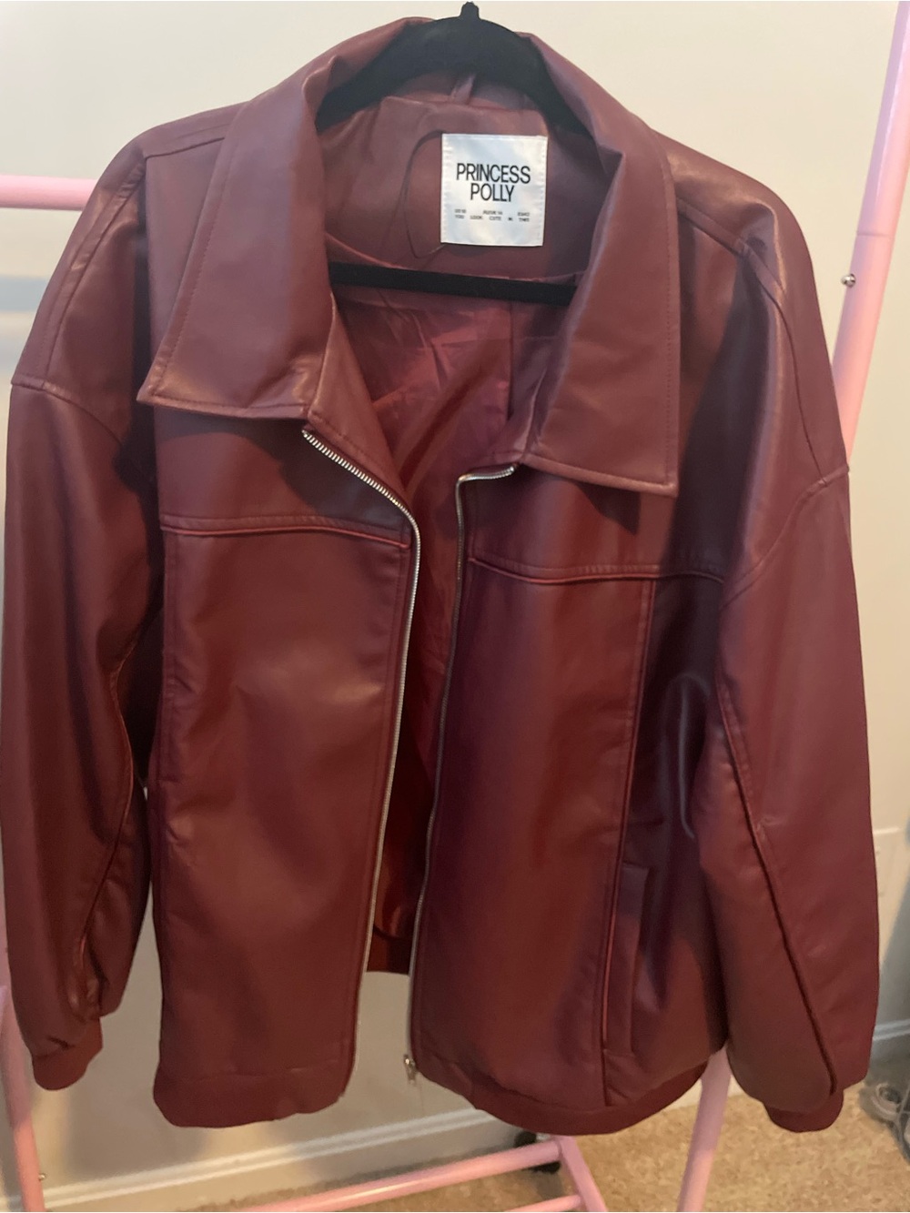 Princess Polly Burgundy Faux Leather Bomber Jacket. Oversized. Worn 3times